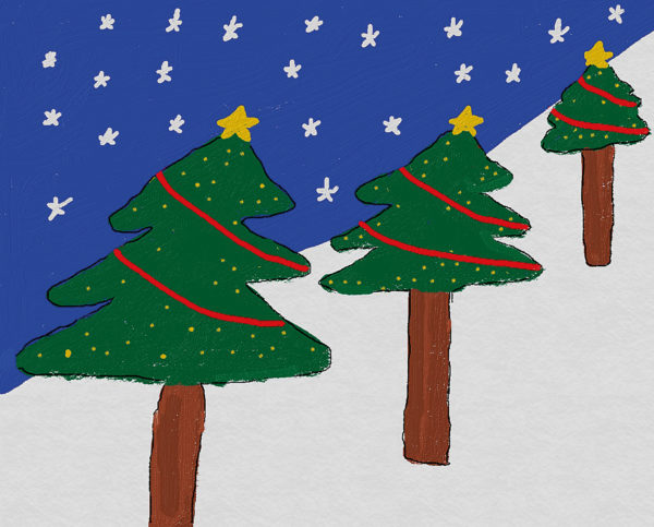 Three Christmas trees in perspective against a blue sky with stars