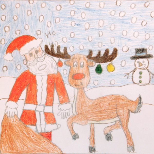 snowy scene with Father Christmas and Rudolf