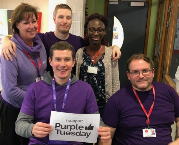 Five members of staff at Greenbank Sports Academy supporting Purple Tuesday